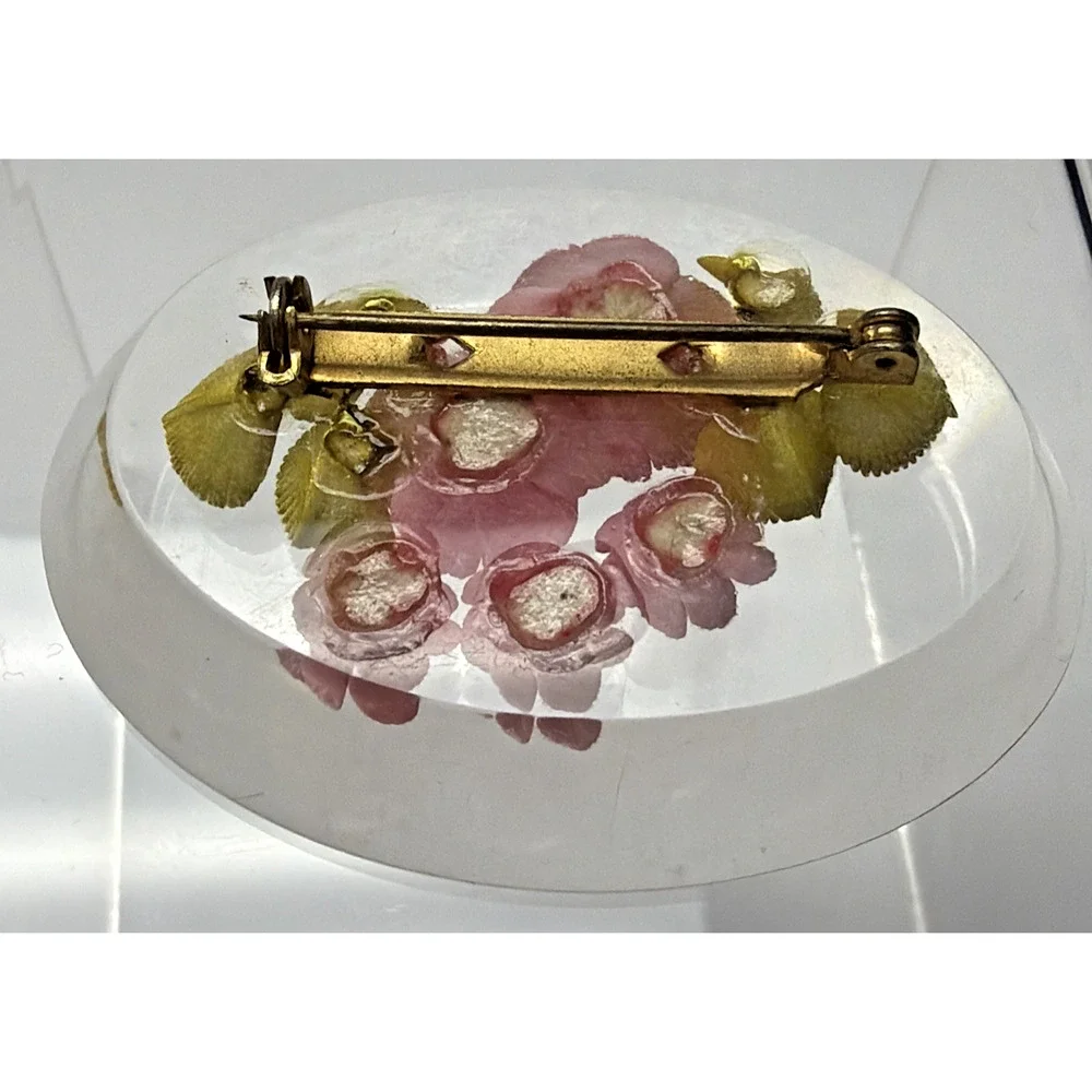 Vintage Clear Lucite Pin Brooch Rose Flower Bud Floral Pink Green Leaves